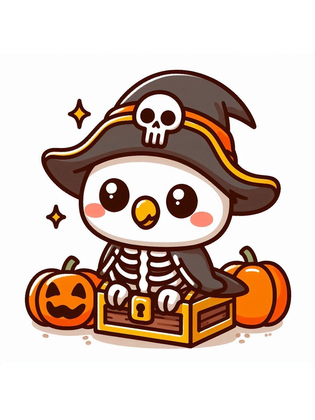 halloween cute animals drawings, featuring a skeleton parrot in a pirate hat sitting on a chest with pumpkins.